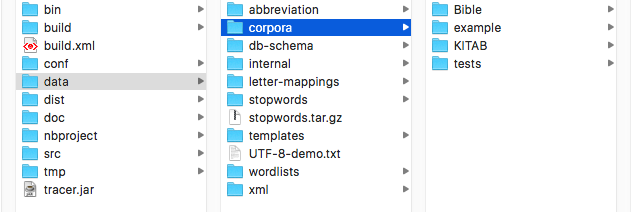 Structure of the TRACER folder in the Mac Finder view. Deposit your .txt file in a new folder under data &gt; corpora