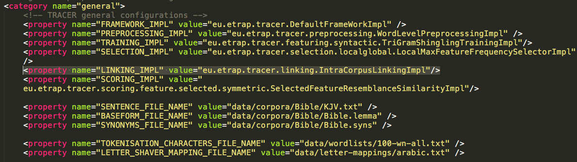 The value of the highlighted property in the TRACER tracer\_config.xml can be changed to InterCorpusLinkingImpl, if needed.