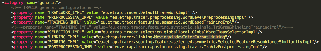 The class of the LINKING\_IMPL property in TRACER’s configuration file should read MovingWindowInterCorpusLinking or MovingWindowIntraCorpusLinking, depending on the type of Linking you’re interested in.