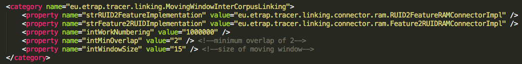 Define the size of your Moving Window in the value attribute of the intWindowSize property of the Linking category. In this case, we define a Window of 15 words.