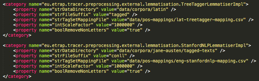 TRACER preprocessing configuration options to import and convert TreeTagger and Stanford CoreNLP output to the required text reuse detection input format.