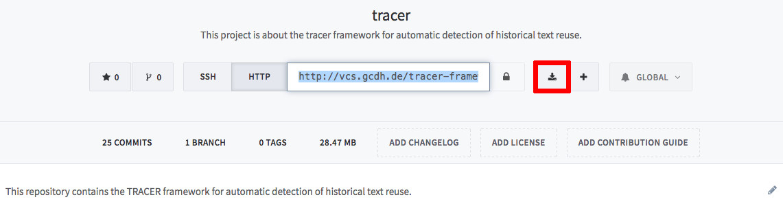 TRACER GitLab repository; the red box indicates the download button.